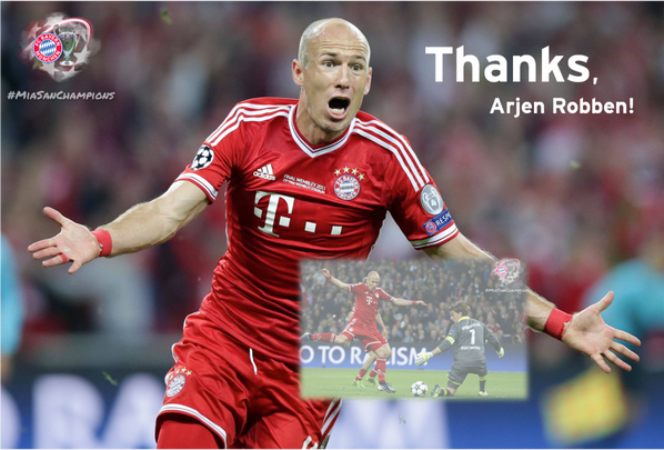 FCBayern's tweet photo. #Robben: „So many people said to me: you'll score your goal.” – And you did it! Thank you, Arjen! #MIASANCHAMPIONS http://t.co/vufCKmp4XB