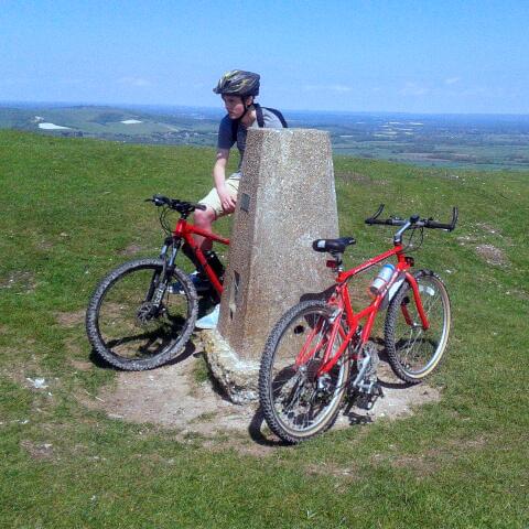 Birchgrove's tweet photo. I kept telling him there is 37 yrs between us! Callum and I on a short mountain bike ride, seen here at Firle Beacon. http://t.co/KcWTWod0AL