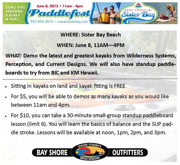 BayShoreOutdoor's tweet photo. Paddlefest is coming up on June 8 at Sister Bay Beach 11am-4pm! Be there or be square! http://t.co/mcJ2So1EIW