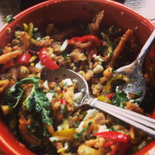 Fried pigs ear with crispy kale, pickled cherry peppers &amp; fried egg.....#onlyinchicago