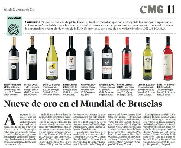 jlsolanilla's tweet photo. Los 9 #vinos de #Aragón con medalla de oro en el Mundial de Bruselas, artículo publicado en @heraldoes. A probarlos¡ http://t.co/lu3ykyWqnJ