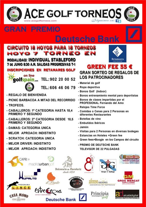 acegolf_torneos's tweet photo. HOYO 7 GRAN PREMIO DEUTSCHE BANK en RETAMARES 7 de junio
9h salidas progresivas,Inscripciones abiertas (ver enlace) http://t.co/v4yAvsRtK0