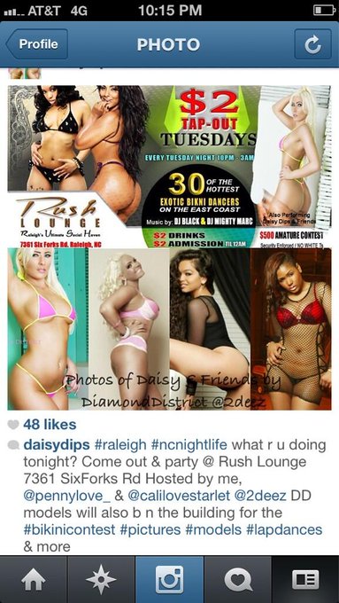 $2 Tap Out Tuesday Tonight @ RushLounge 7361 sixForks Rd #Raleigh #ncNightLife #bikinidancers #bikinicontest<a href="/tag/bikinicontest"class="tags"><span>#bikinicontest</span></a><a href="/tag/raleigh"class="tags"><span>#raleigh</span></a><a href="/tag/ncnightlife"class="tags"><span>#ncnightlife</span></a><a href="/tag/bikinid"class="tags"><span>#bikinid</span></a>