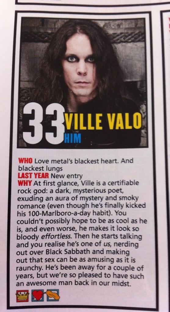 HIMband's tweet photo. Ville Valo makes it to number 33 on the greatest rock stars in the world in Kerrang Magazine! http://t.co/jg9wKPCVqP