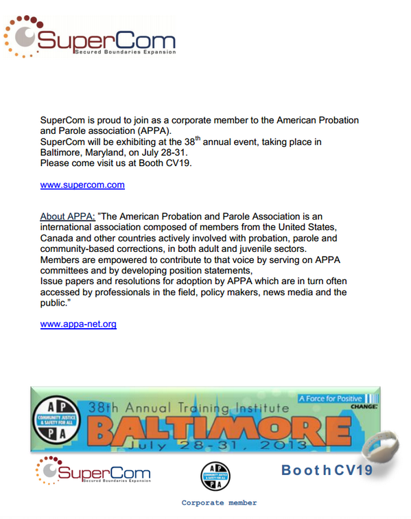 SuperCom_group's tweet photo. SuperCom is proud to join as a corporate member to the American Probation and Parole association (APPA). http://t.co/cNma3txbWT