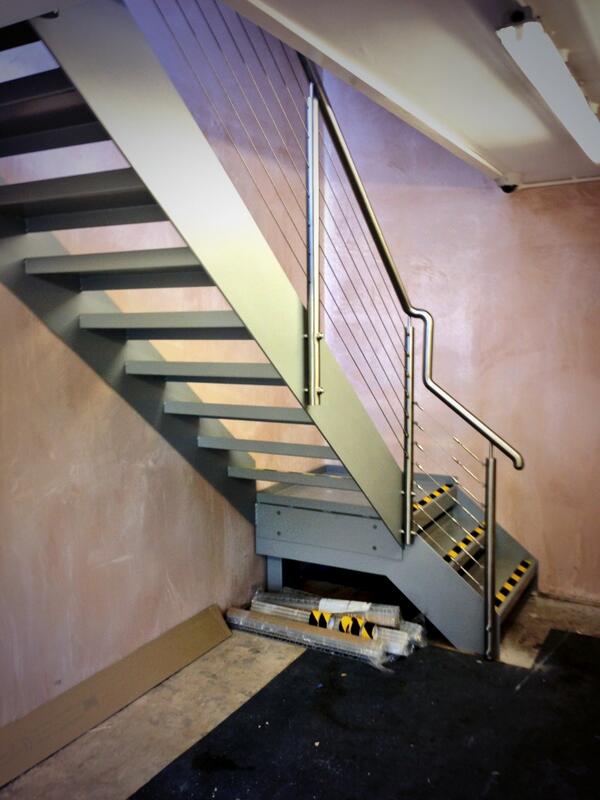 ConstructionJk's tweet photo. Steel staircase powder-coated to clients choice of colour with stainless steel balustrade and wire rope. http://t.co/vIlkYQie0b