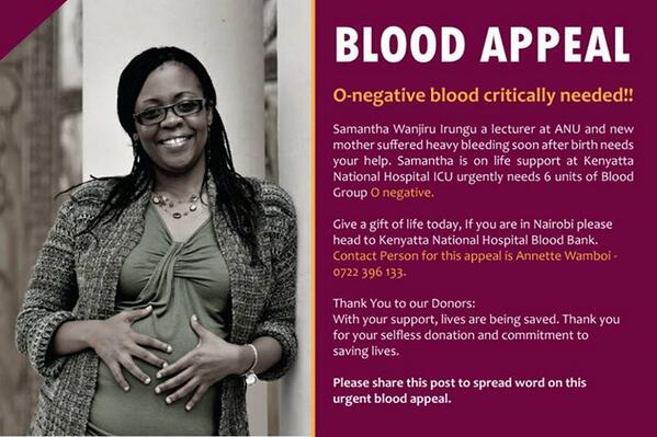 KenyaRedCross's tweet photo. Are you 0-ve? Head to #KNH Blood Transfusion Unit #BloodAppeal for Samantha Irungu, 2 more units  needed http://t.co/SsxfnlmLbS