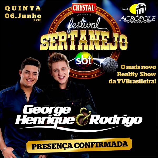 extrafmudi's tweet photo. @GeorgeHeRodrigo.. no mais novo Reality Show da TV BRASILEIRA.06/06 Festival Sertanejo..Acrópole.mais info:3291-1500 http://t.co/z1RnzR3gAH