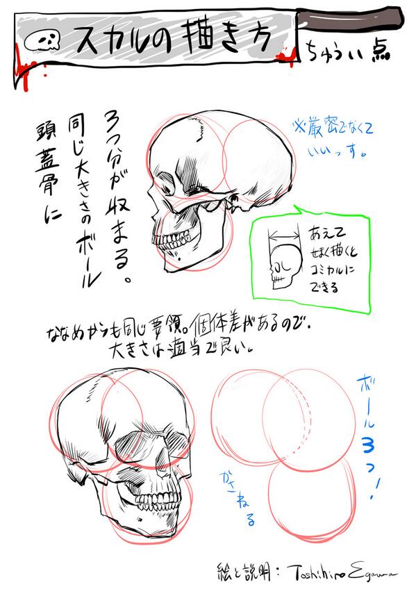 江川敏弘 Toshihiro Egawa スカルの描き方講座 スカルを描く時 頭部の奥行きを浅く描いてしまわないようにするポイント 頭蓋骨を横から見て大きさの等しいボールが額と顎 後頭部に一つづつ 計3つ入っている つもり で描く Http T Co Njkahua8y9