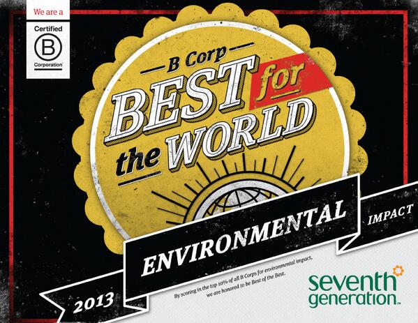 Proud to be named Best for the Environment by <a href="/BCorporation/">B Lab</a> w/ <a href="/Patagonia/">Patagonia</a> &amp; more! Congrats! 7gen.us/11oMEKC