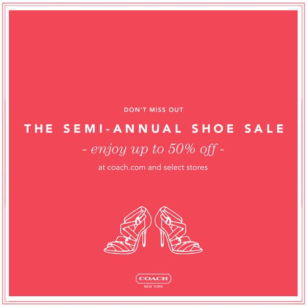 Coach's tweet image. Enjoy up to 50% off at the first-ever Coach Semi-Annual Shoe Sale. Shop the sale here » bit.ly/ZtAuWF