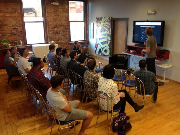 Myjive's tweet photo. @iamdustan shares @bonsaijs goodness during @cltfed tonight @Myjive HQ http://t.co/w0Ur33CbTX