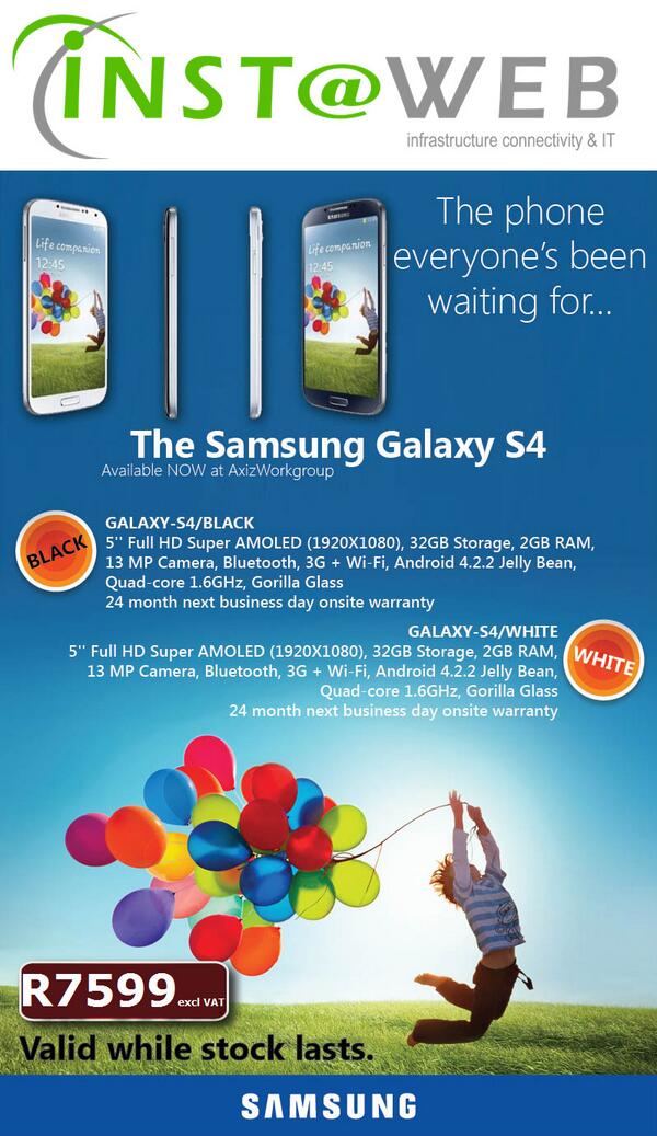 instawebcc's tweet image. Samsung S4 Specials.Contact us for more info carel@instaweb.co.za #SamsungS4 #Special #JHB #CPT #DBN #WhileStocksLast