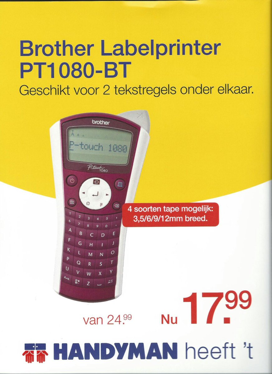 hmHoogvliet's tweet photo. #Brother PT1080-BT label printer. Geschikt voor 2 regels onder elkaar. Nu €17,99 bij #Handyman #Hoogvliet #Middenbaan http://t.co/Neax27bRuc