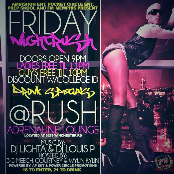 FM_Memphis's tweet photo. #FridayNightRush KICKS OFF TOMORROW!! Celebrating a bday? Graduation? New Sew-In?? ANYTHING! JUST COME PARTY! http://t.co/SGGNmKkpad