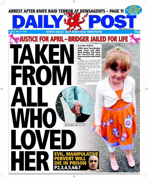 northwaleslive's tweet photo. Daily Post front page (Friday, May 31) on Mark Bridger's conviction for murdering April Jones http://t.co/tfRkMdumkb
