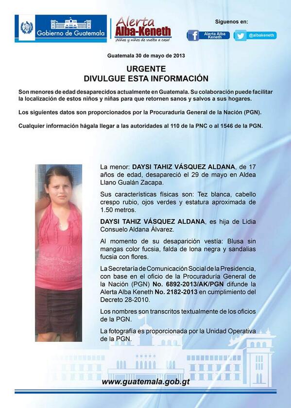 albakeneth's tweet image. DAYSI TAHIZ VÁSQUEZ ALDANA de 17 años de edad, desapareció, ayúdanos a localizarla, divulga este boletín.