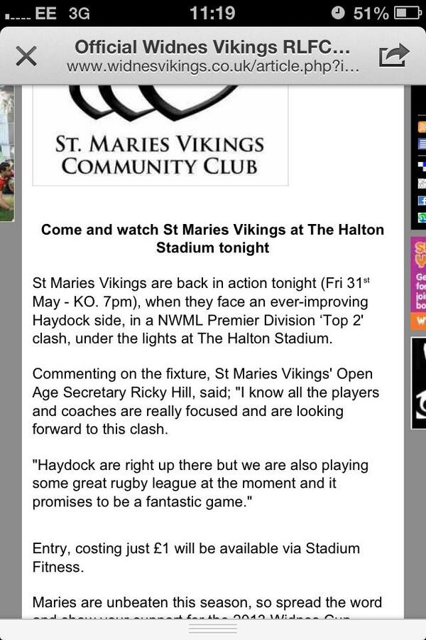 Preview of tonights game.  <a href="/HaydockARLFC/">Haydock ARLFC</a> v <a href="/StMariesVikings/">St Maries</a> .  7.00pm kick off Stobart Stadium.  #COTY #YICKERS