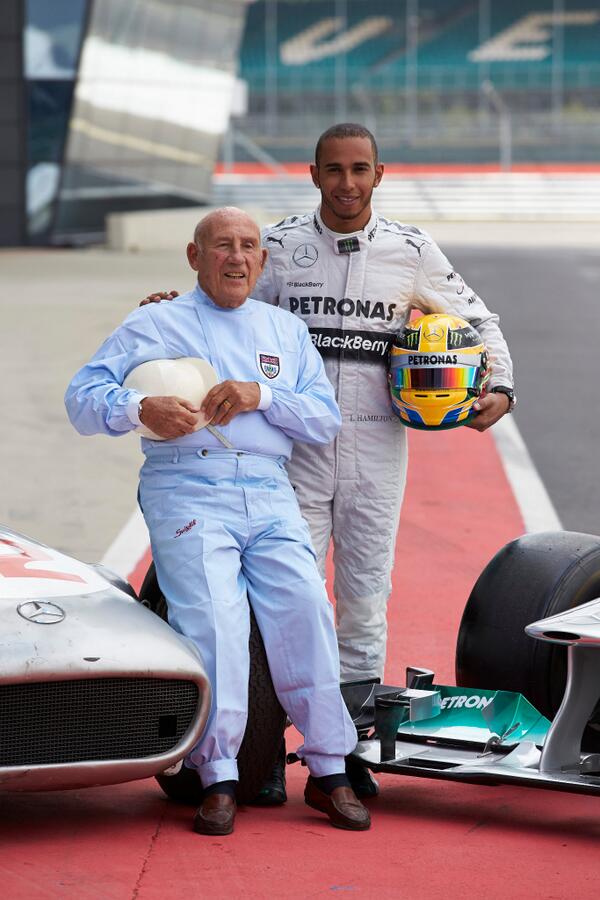 therealdcf1's tweet photo. “@MercedesAMGF1: Sir Stirling and Lewis pose for the cameras today @SilverstoneUK... http://t.co/Yk3EUTZVjl”// legend