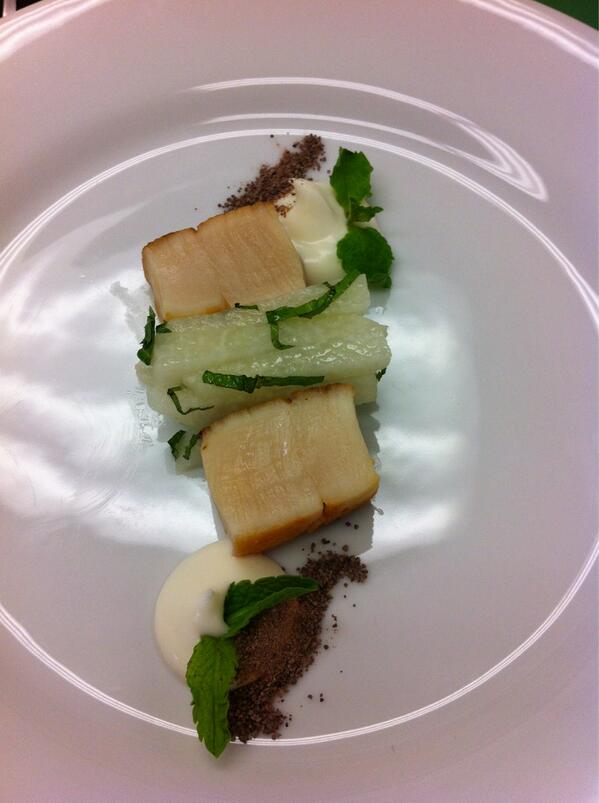 Hands on cooking with <a href="/ChefDavidBull/">David Bull</a> scallops with jicama mint and cocoa nibs. #UTNI