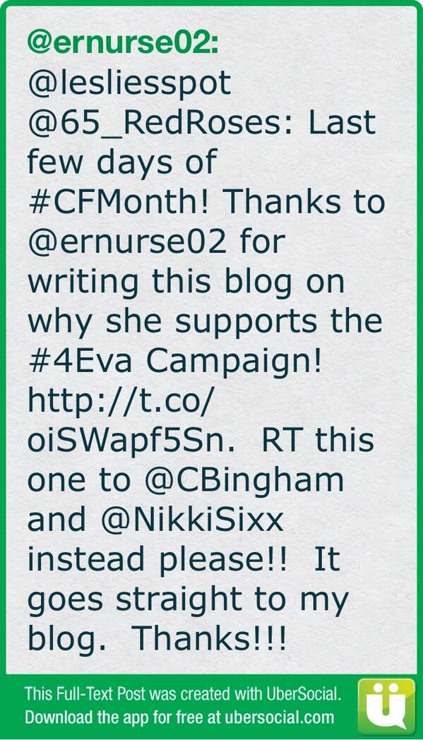 lesliesspot's tweet image. " Last few days of #CFMonth! Thanks to @ernurse02 for writing this blog on (cont) http://t.co/aQtV3Iw6dF” @NikkiSixx @CBingham Please RT!!