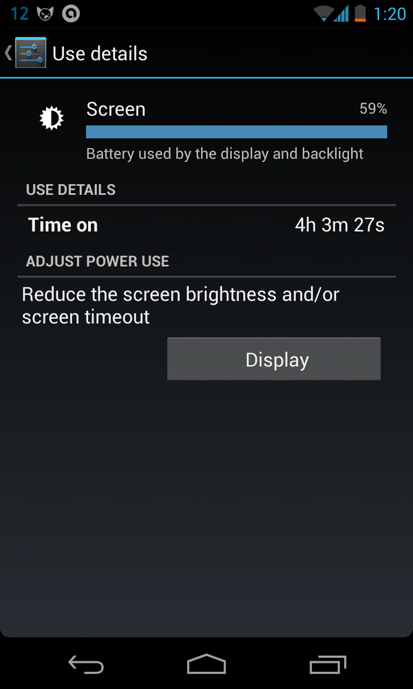 jimkem's tweet image. 4 hours screen on time on my nexus4. Best yet. #win #francokernel