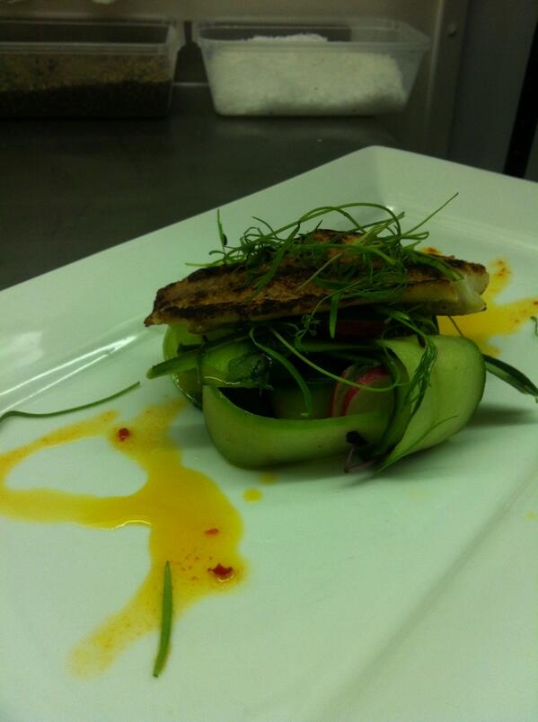 Pan fried Talapia fillet with cucumber salad baby fennel and glazed chilli oil