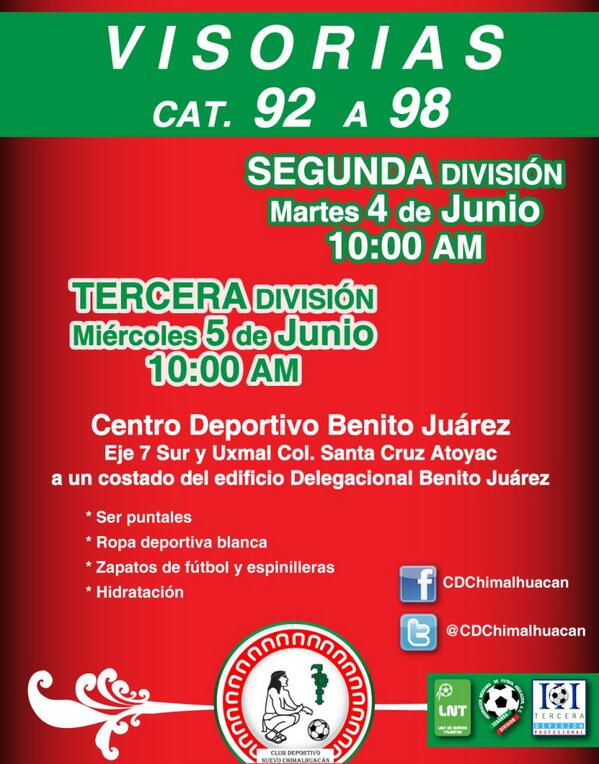CDChimalhuacan's tweet photo. Nuevas fechas para visorias. Martes 4 de Junio @segundadivfmf y miércoles 5 de Junio @Terceramex @3aDivision http://t.co/XoSzEf08XI