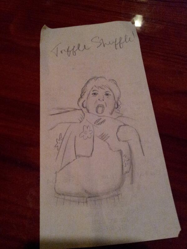 TRexToGo's tweet image. Convinced our server at dinner to do the truffle shuffle. Left him this.