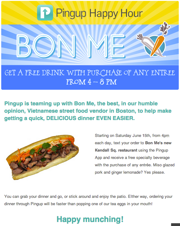 StreetFoodBOS's tweet photo. #FREE specialty drink at @bonme w any entree 4-8pm if you txt your order via @PingupApp (see pic for details) http://t.co/cFy9u5q36m