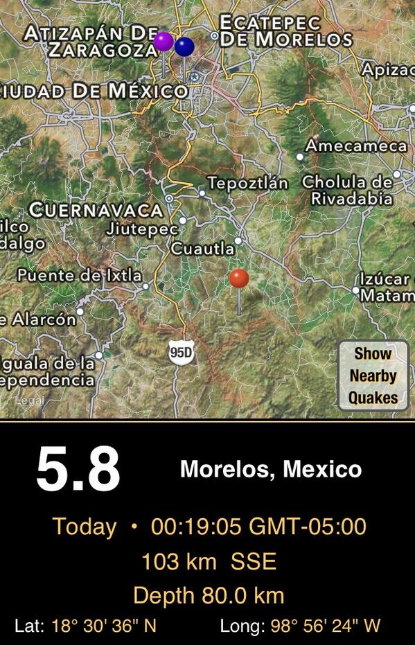 SkyAlertMx's tweet photo. Mapa: El epicentro es realmente en Morelos. A sólo 70 kms de la Ciudad de México, por eso se sintió tan fuerte. http://t.co/hij4DoaNpL
