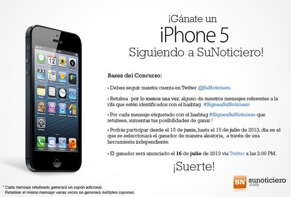 Para estar bien informado #SigueaSuNoticiero y podrás concursar por un iPhone5. Haz RT a este mensaje para participar