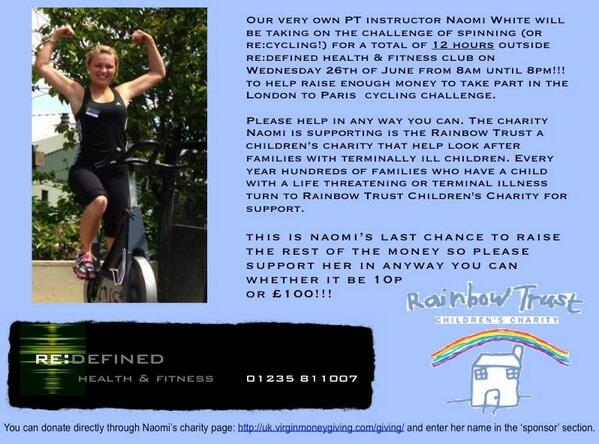 RedefinedFIT1's tweet image. Our personal trainer @Naomiwhite_ will be cycling on a spin bike for 12 hours Wed 26th 8-8