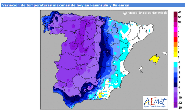 Bajada notable de temperaturas para el día de hoy. Gráfico variación prevista -->