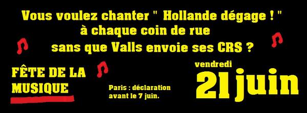 #MusiquePourTous Chanter 'Hollande dégage' sans CRS ? Fête de la musique ! Paris : prefecturedepolice.interieur.gouv.fr/Vos-demarches/… #ONLR