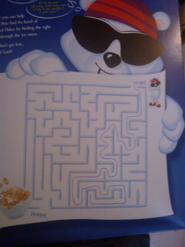 jonnydk1809's tweet photo. The cereal box maze has defeated me.. http://t.co/PZKxpCCSMu