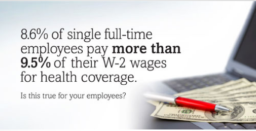 ADP's tweet photo. 8.6% of single FT employees pay >9.5% of W-2 wages for health coverage. Do your employees? http://t.co/PHqFixoM7o http://t.co/rtnfBNcddx