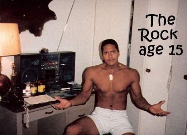TheRock's tweet photo. We all start somewhere..

Throwback Thursday. 

#BoomBox
#CreepyMustache #CaptainWhiteShorts http://t.co/IyRoidQUjh
