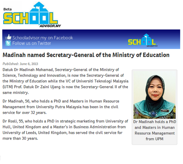 Let's welcome our new Secretary-General of the Ministry of Education, Datuk Dr Madinah Mohamad.