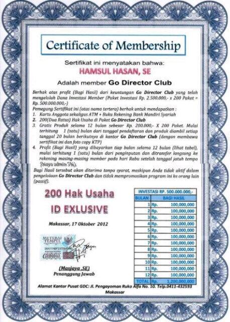 gdcMakassar's tweet photo. Jaminan Sertifikat Bagi hasil.
Untuk Member Go Director Club. http://t.co/elSJAgYQmO