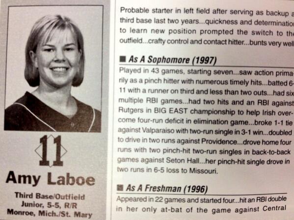 NDsoftball's tweet photo. Perfect day to bring back #throwbackthursday...Happy Birthday to former Irish Softball co-captain, Amy Laboe ('99)! http://t.co/M0HQnnpDRG