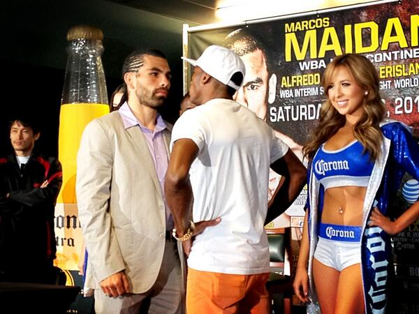 GoldenBoyBoxing's tweet image. Pic: The tension is high between @ElPERRO82 &amp;amp; @Laraboxing @ the #MaidanaLopez press conf @SHOsports @HomeDepotCenter