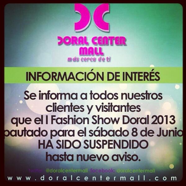 ModaPlus1's tweet photo. @milibeth_bracho El fashion show se realizaba mañana pero fue suspendido hasta nuevo aviso. ¡Saludos! http://t.co/nPXAGvqiCL