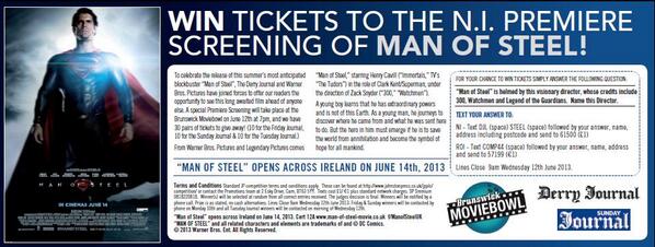 DerryJournalPro's tweet photo. Don't miss chance to win tickets for Man of Steel premiere screening @MoviebowlDerry - P35 of today's @derryjournal http://t.co/1Mk9NF0nHC