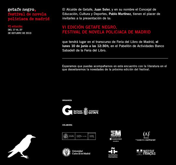 getafenegro's tweet photo. Presentación oficial de la VI Edición de Getafe Negro el 10 de Junio en la @FLMadrid. ¡Os esperamos! http://t.co/nzKxstVUe9