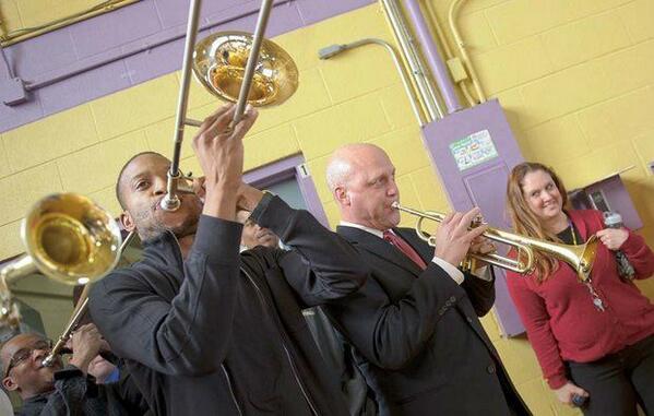 Easton alum Trombone Shorty plays with Mayor Landrieu at Warren Easton,(Matthew Hinton, The Times-Picayune)