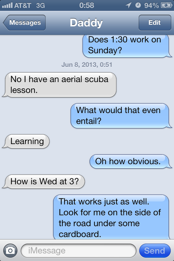 MegBoyIe's tweet image. Typical conversation between my dad and I. #superproductive #samepersonality