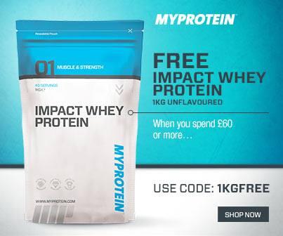 DiscountProtein's tweet image. Free 1KG of Impact Whey Protein when you spend £60 at MyProtein! Use code '1KGFREE' - goo.gl/pMVa5