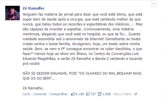 PresleyRosa's tweet photo. entrei no facebook e vi esse desabafo do Zé Ramalho que curto e gosto, quem inventou boatos sobre a morte dele? http://t.co/GAwA1WSAqr