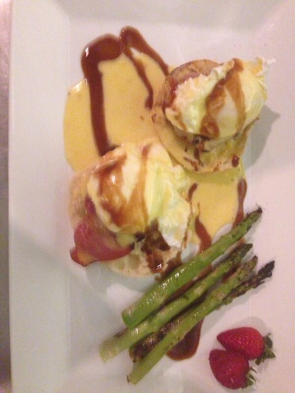 theheightschef's tweet image. Eggs Benedict with pancetta, hollandaise, bordelaise and local asparagus...